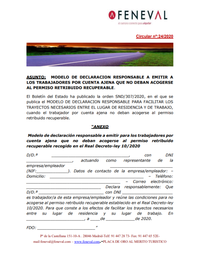 Circular nº24/2020 - Modelo de declaración responsable a emitir a los  trabajadores por cuenta ajena que no deban acogerse al permiso retribuido  recuperable - FENEVAL